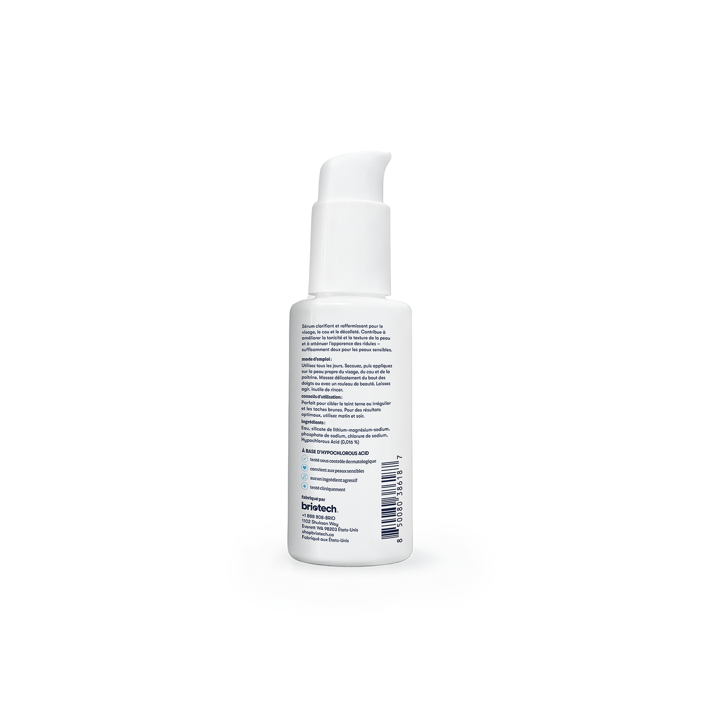 A white plastic bottle with a pump dispenser, shown from the back. The label features black and blue text with instructions and product info for Renew Serum, plus a barcode at the bottom. The background is plain white.
