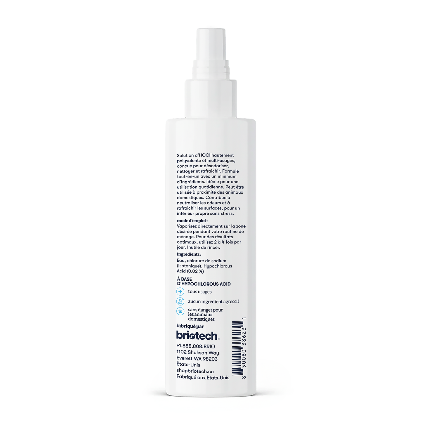Pure Hypochlorous spray bottle, labeled in French and English with HOCl contents, deodorizing and multi-use instructions. Manufacturer info appears at the bottom. The product is shown on a white background.