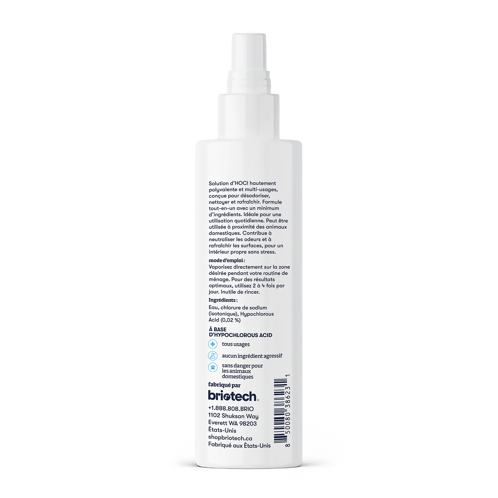 Pure Hypochlorous spray bottle, labeled in French and English with HOCl contents, deodorizing and multi-use instructions. Manufacturer info appears at the bottom. The product is shown on a white background.