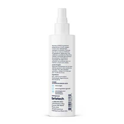Pure Hypochlorous spray bottle, labeled in French and English with HOCl contents, deodorizing and multi-use instructions. Manufacturer info appears at the bottom. The product is shown on a white background.