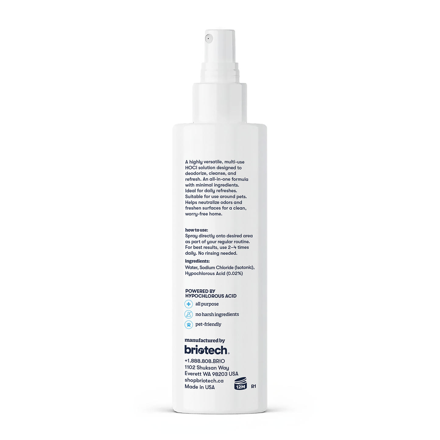 A white spray bottle of Pure Hypochlorous stands upright, showing its benefits, ingredients, and manufacturer details in blue and black. The briotech logo and a QR code near the bottom highlight this multi-use HOCl solution for cleansing and deodorizing.