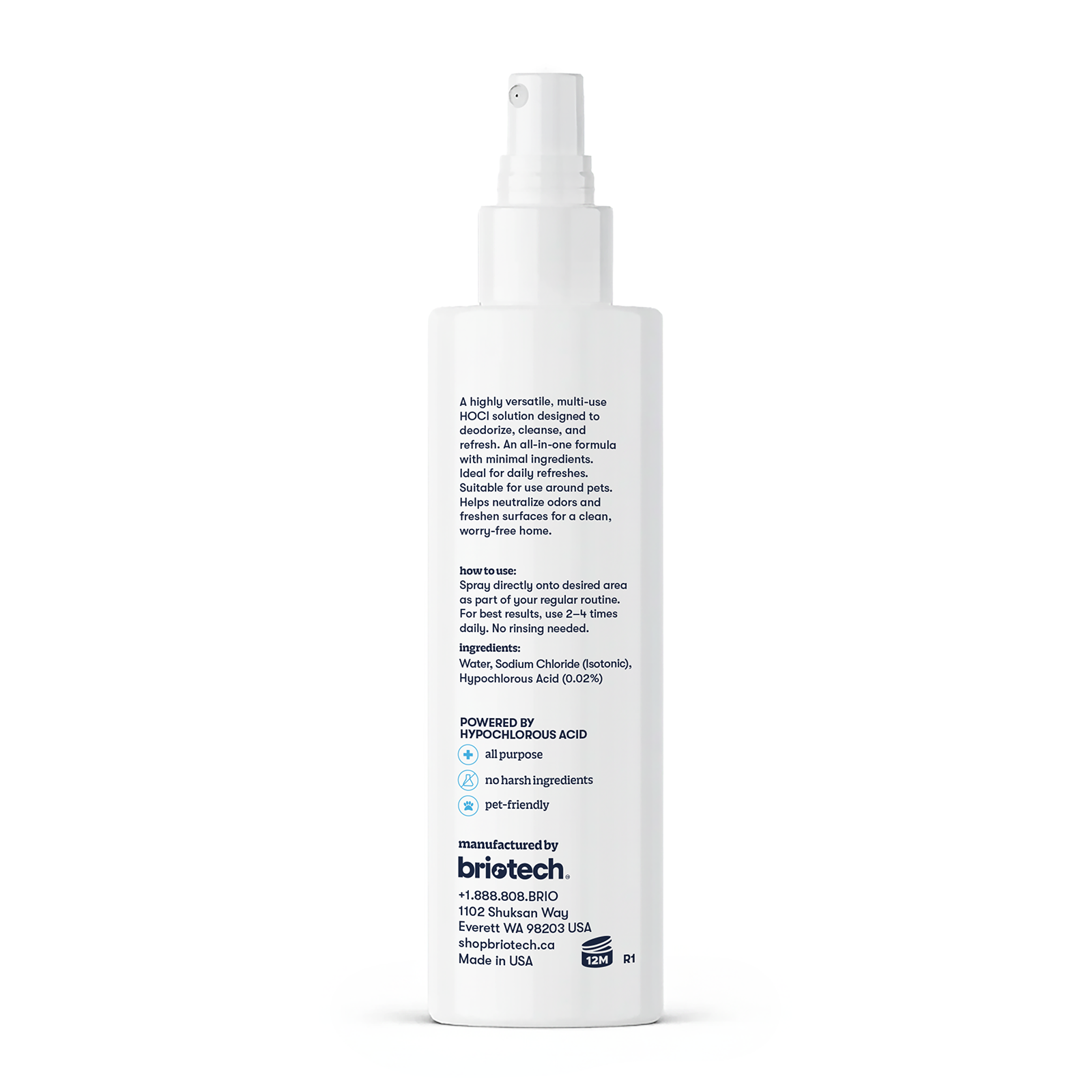 A white spray bottle of Pure Hypochlorous stands upright, showing its benefits, ingredients, and manufacturer details in blue and black. The briotech logo and a QR code near the bottom highlight this multi-use HOCl solution for cleansing and deodorizing.