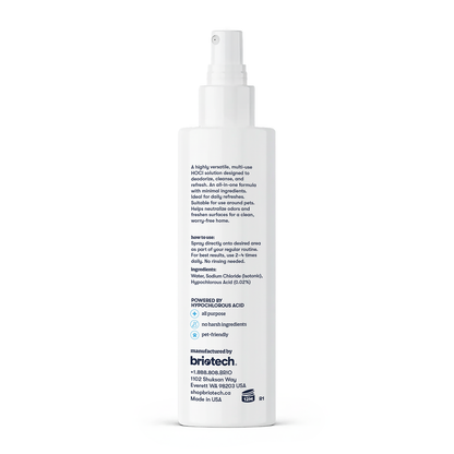 A white spray bottle of Pure Hypochlorous stands upright, showing its benefits, ingredients, and manufacturer details in blue and black. The briotech logo and a QR code near the bottom highlight this multi-use HOCl solution for cleansing and deodorizing.