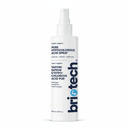 A white spray bottle labeled Pure Hypochlorous (250 ml) contains pure HOCl solution for cleansing and deodorizing. The multi-use, refreshing label features English and French text.