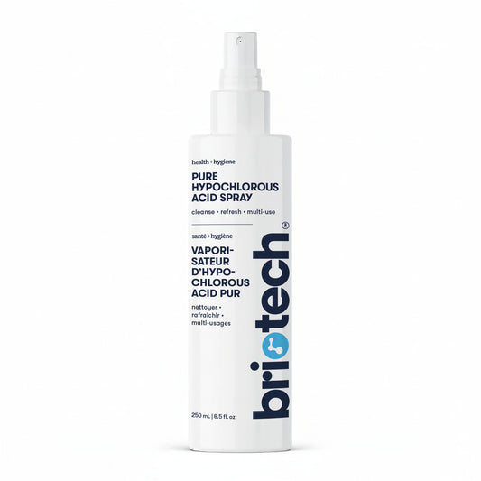 A white spray bottle labeled Pure Hypochlorous (250 ml) contains pure HOCl solution for cleansing and deodorizing. The multi-use, refreshing label features English and French text.