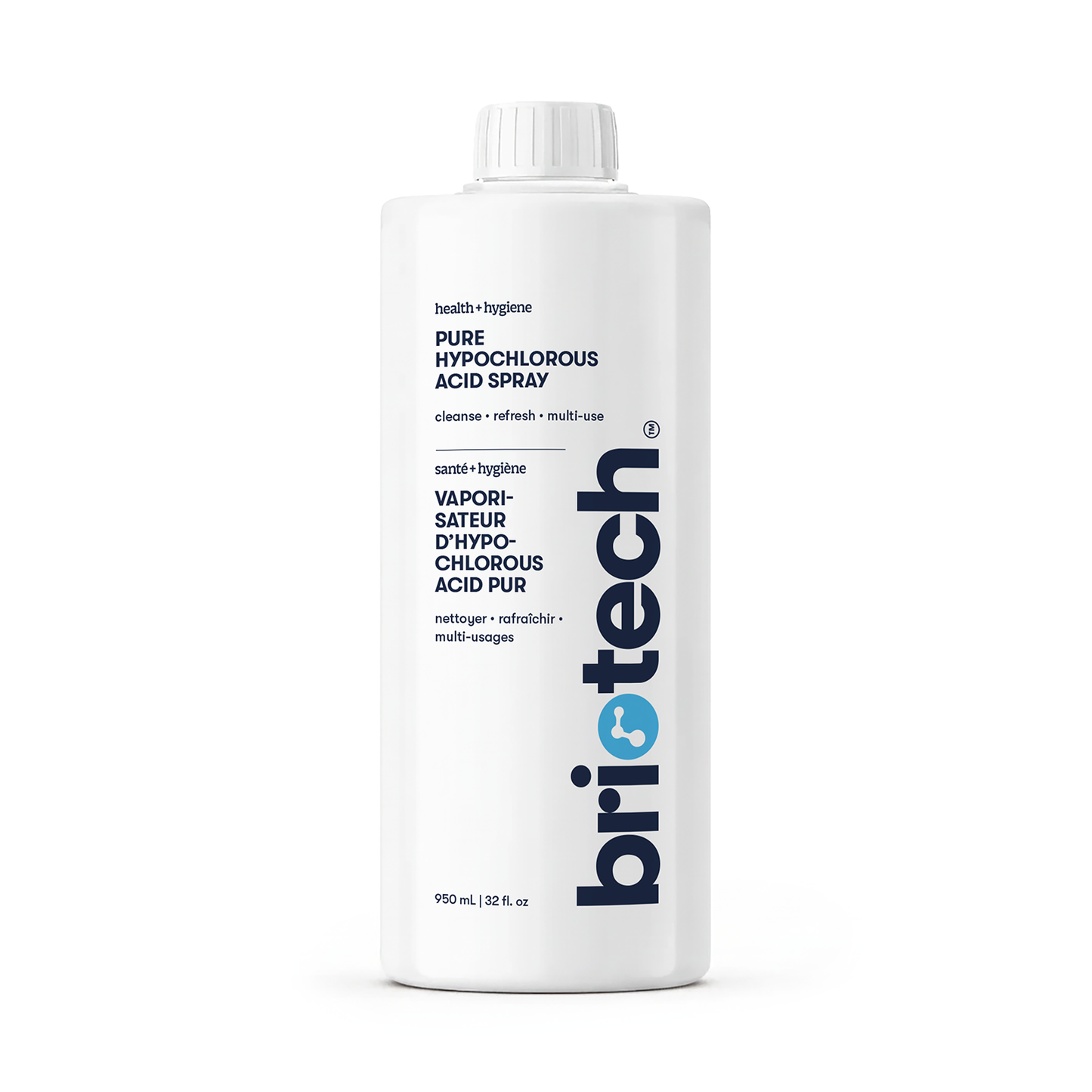 A white 950 mL bottle of Pure Hypochlorous spray with blue text, English and French labels, minimalist design, and a white screw cap—an essential multi-use HOCl solution for your home.