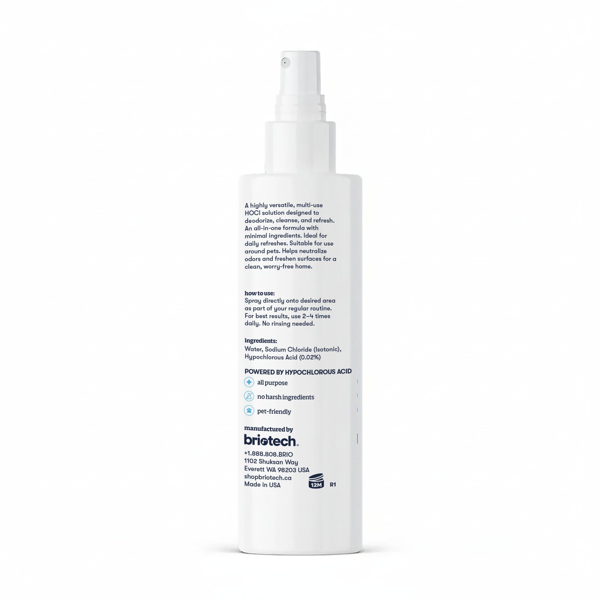A tall white spray bottle with blue text labeled "Pure Hypochlorous" by Britech, featuring an eco-friendly HOCl solution for cleansing and deodorizing, plus ingredients, usage directions, and product features.