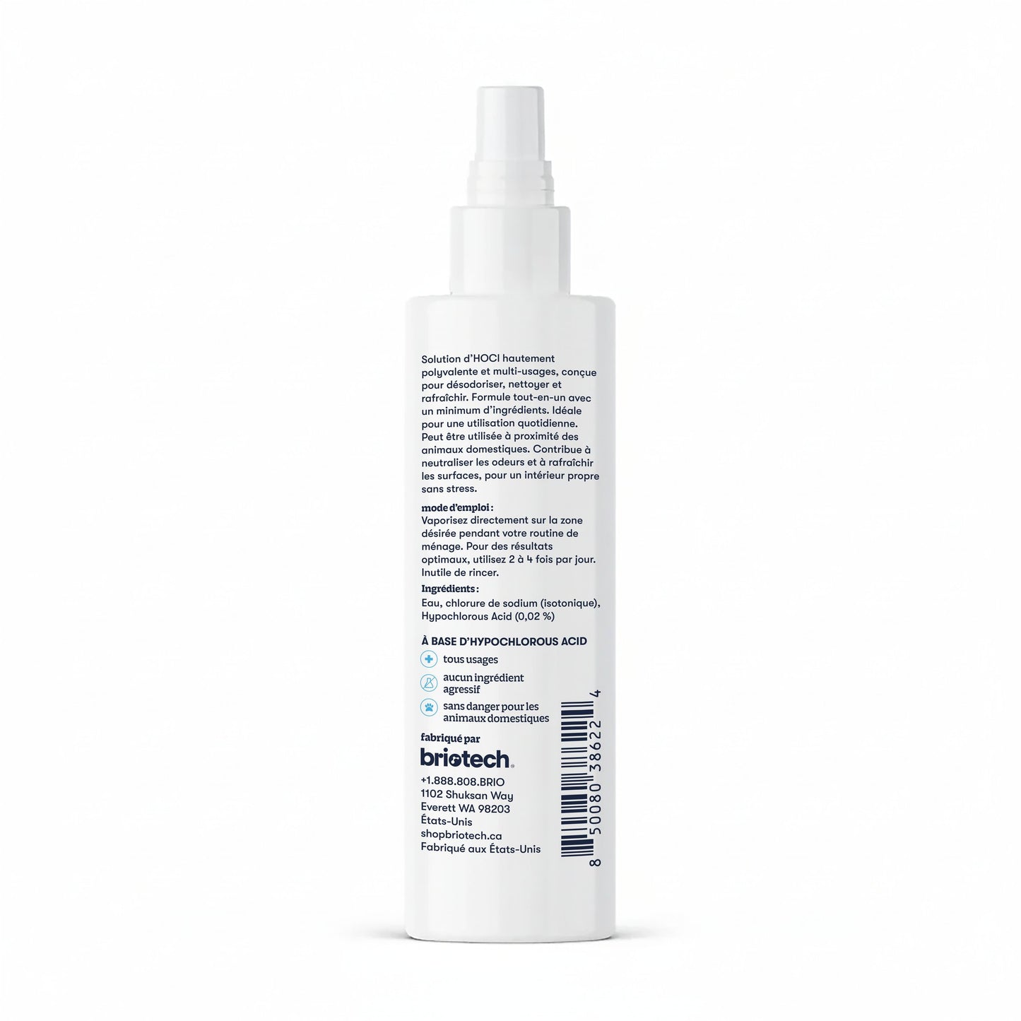 A white spray bottle of Pure Hypochlorous by brijtech with a bilingual French-English label, barcode, and product info. Features a white nozzle and cap—perfect for cleansing or deodorizing surfaces effectively.