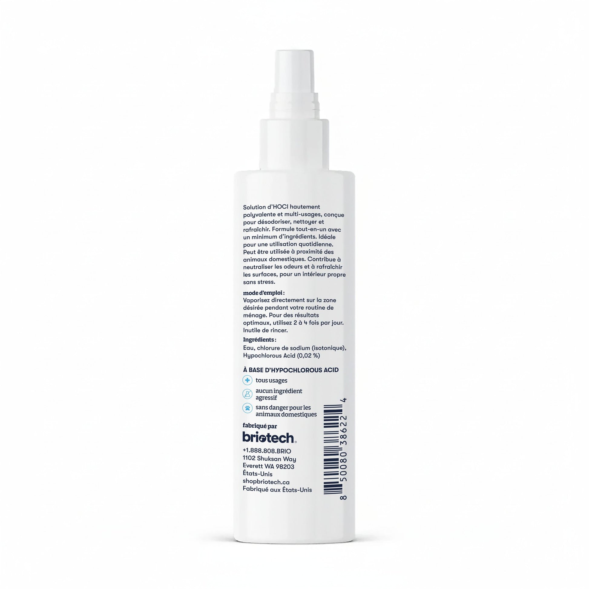 A white spray bottle of Pure Hypochlorous by brijtech with a bilingual French-English label, barcode, and product info. Features a white nozzle and cap—perfect for cleansing or deodorizing surfaces effectively.