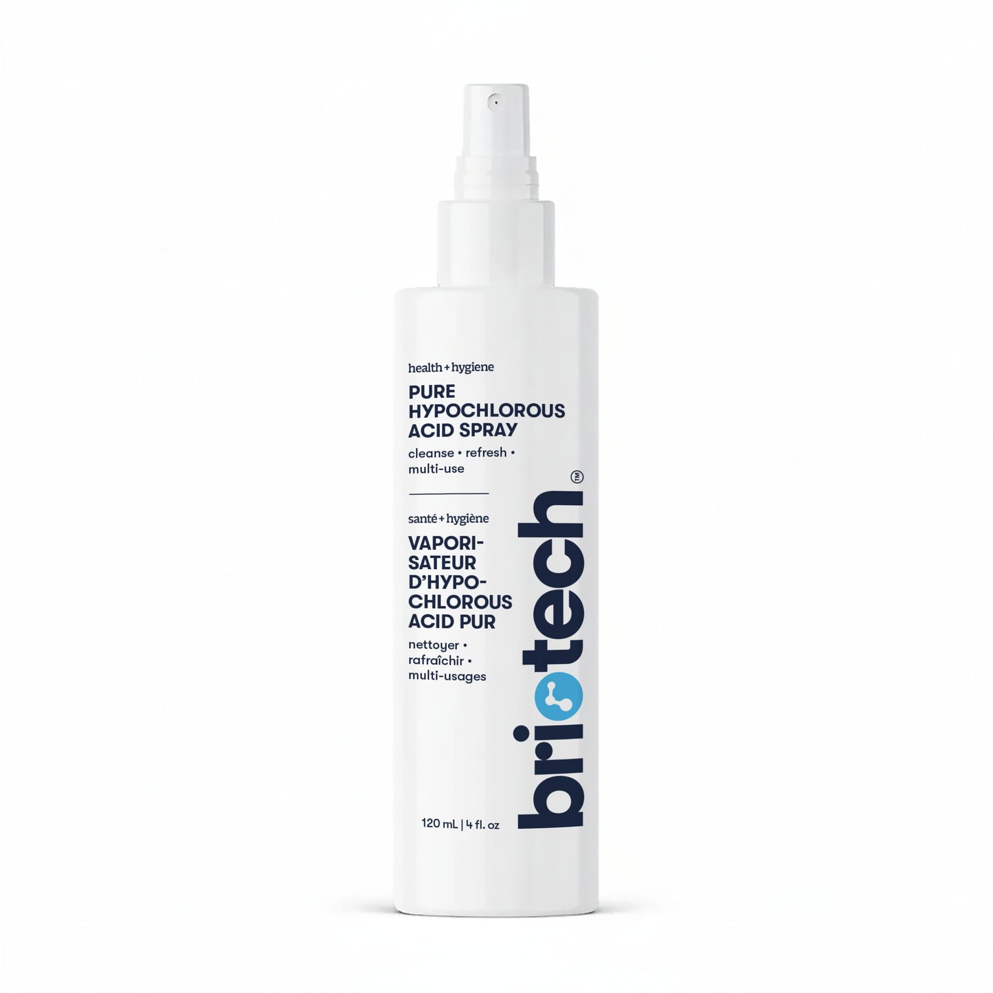 A white spray bottle labeled Pure Hypochlorous stands upright against a plain white background—ideal for deodorizing and cleansing surfaces with its gentle HOCl solution.