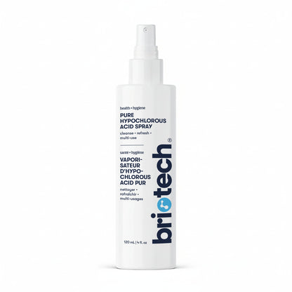 A white spray bottle labeled Pure Hypochlorous stands upright against a plain white background—ideal for deodorizing and cleansing surfaces with its gentle HOCl solution.