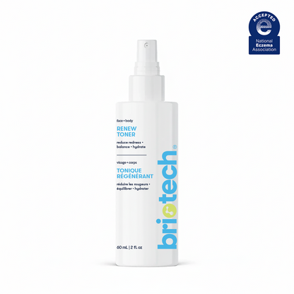 A 60 mL white spray bottle labeled Renew Toner with blue and yellow text sits against a white background. The National Eczema Association acceptance seal is in the top right. Ideal as a facial mist to soothe redness.
