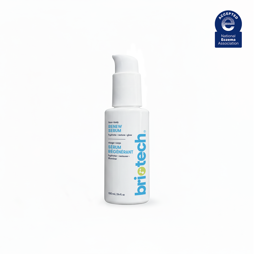 A white bottle of Renew Serum, a clarifying serum with a pump dispenser, sits on a white background. The bottle displays blue and yellow text, with a blue National Eczema Association acceptance seal in the top right corner.