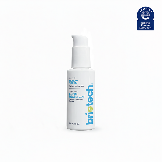 A white bottle of Renew Serum, a clarifying serum with a pump dispenser, sits on a white background. The bottle displays blue and yellow text, with a blue National Eczema Association acceptance seal in the top right corner.