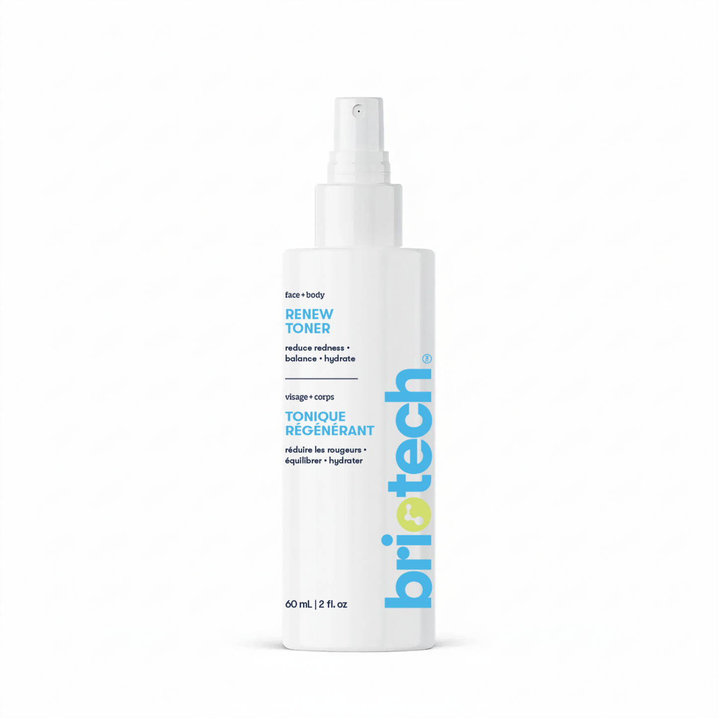 A white 60 mL spray bottle labeled Renew Toner features blue and yellow text, English and French descriptions, and a clear cap—perfect for keeping your face and body skin routine fresh.