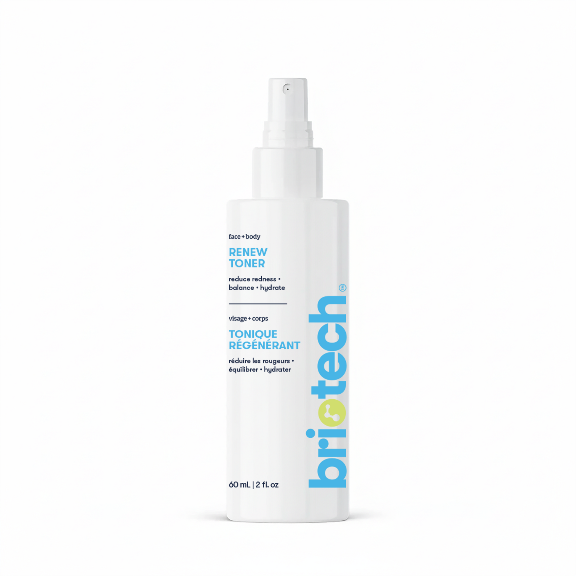 A white 60 mL spray bottle labeled Renew Toner features blue and yellow text, English and French descriptions, and a clear cap—perfect for keeping your face and body skin routine fresh.