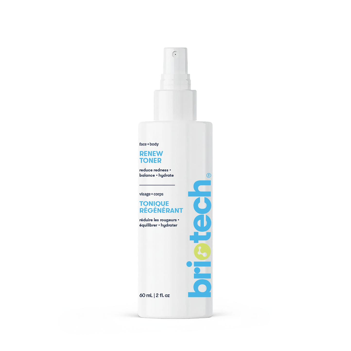 A white 60 mL spray bottle labeled Renew Toner with blue and yellow text. The label includes French and phrases like calm redness, balance, hydrate for healthy-looking skin on face and body.