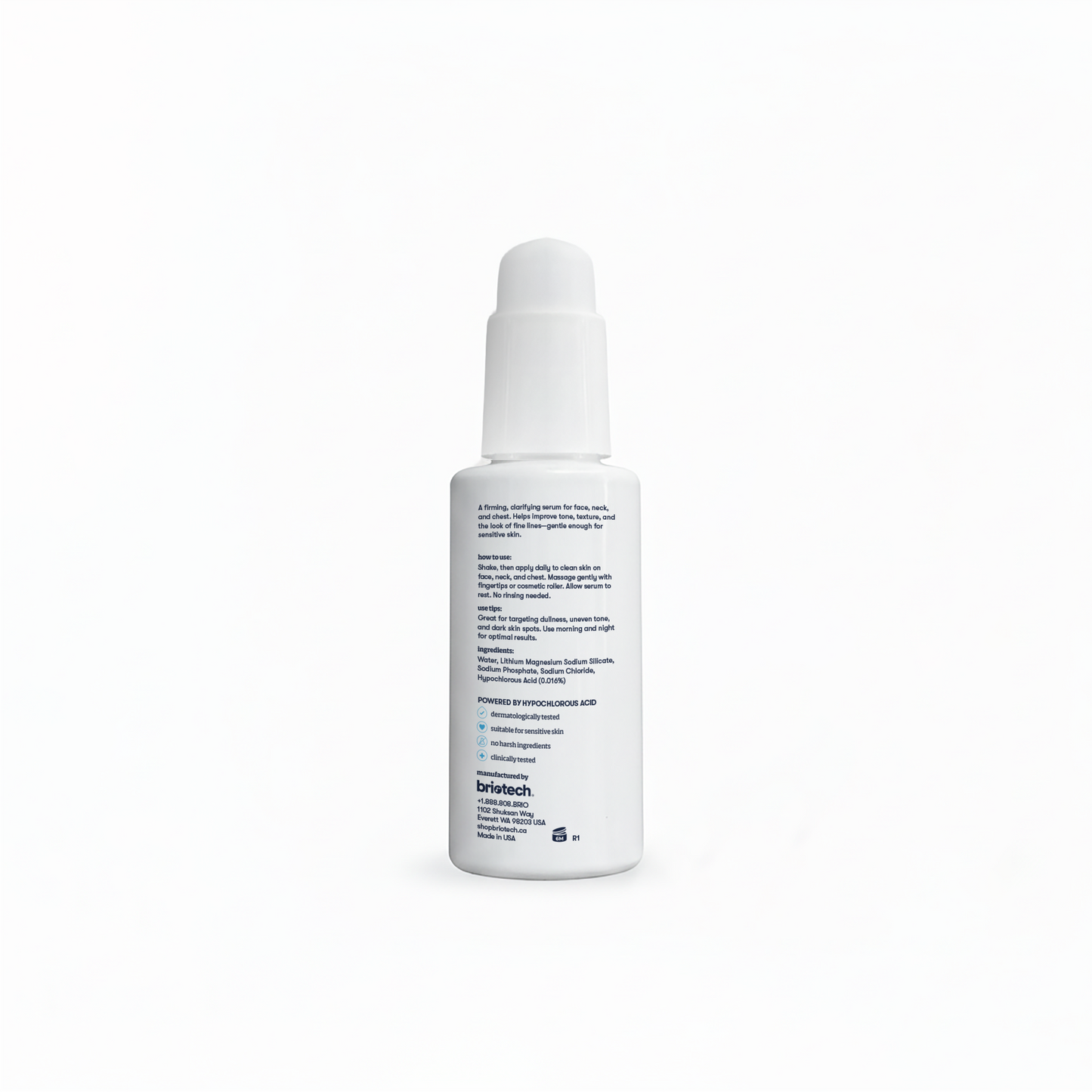 A white bottle with a dropper cap, labeled Renew Serum, is shown against a white background. The label features black and blue text with directions, ingredient details, and benefits for fine lines.