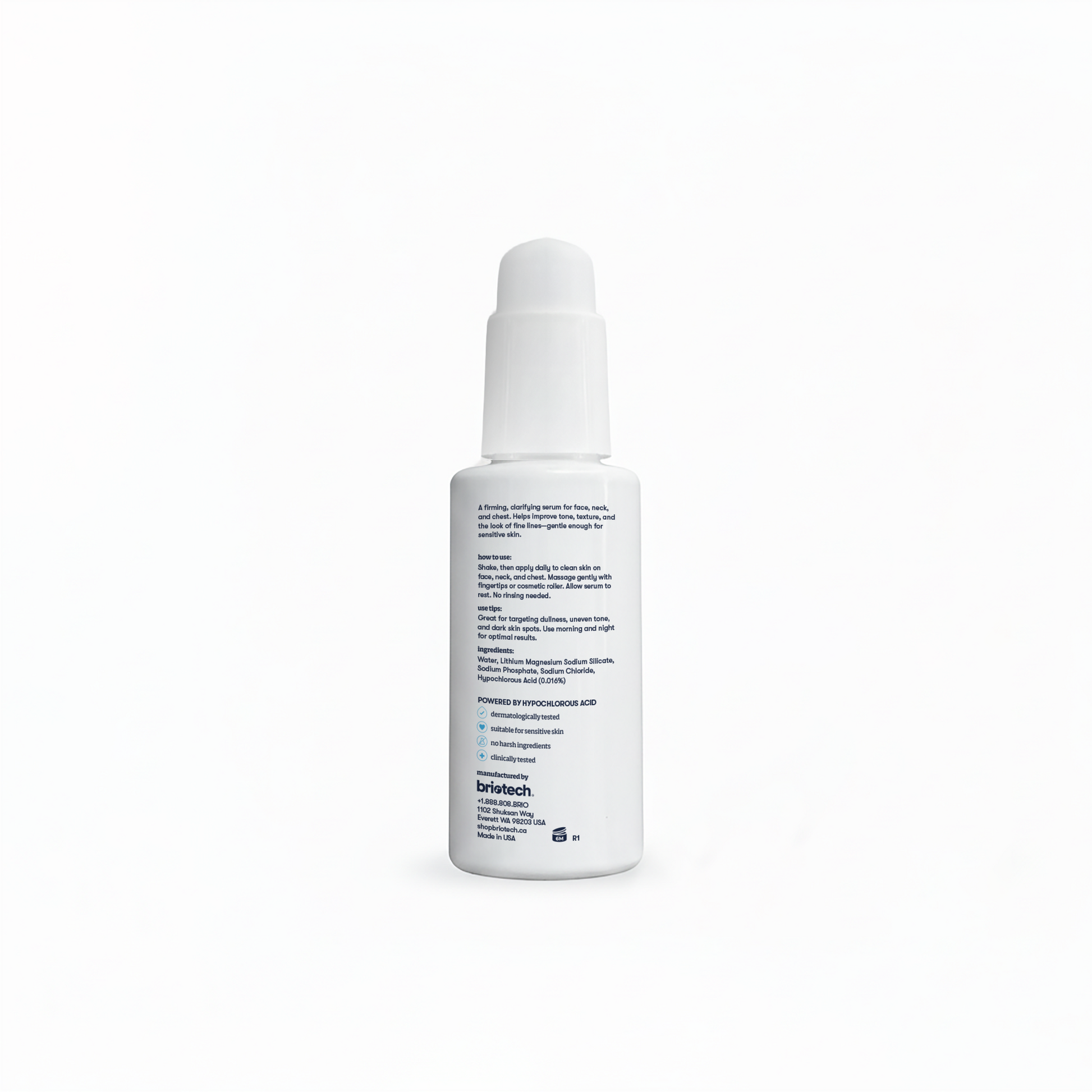 A white bottle with a dropper cap, labeled Renew Serum, is shown against a white background. The label features black and blue text with directions, ingredient details, and benefits for fine lines.