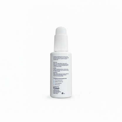A white bottle with a dropper cap, labeled Renew Serum, is shown against a white background. The label features black and blue text with directions, ingredient details, and benefits for fine lines.