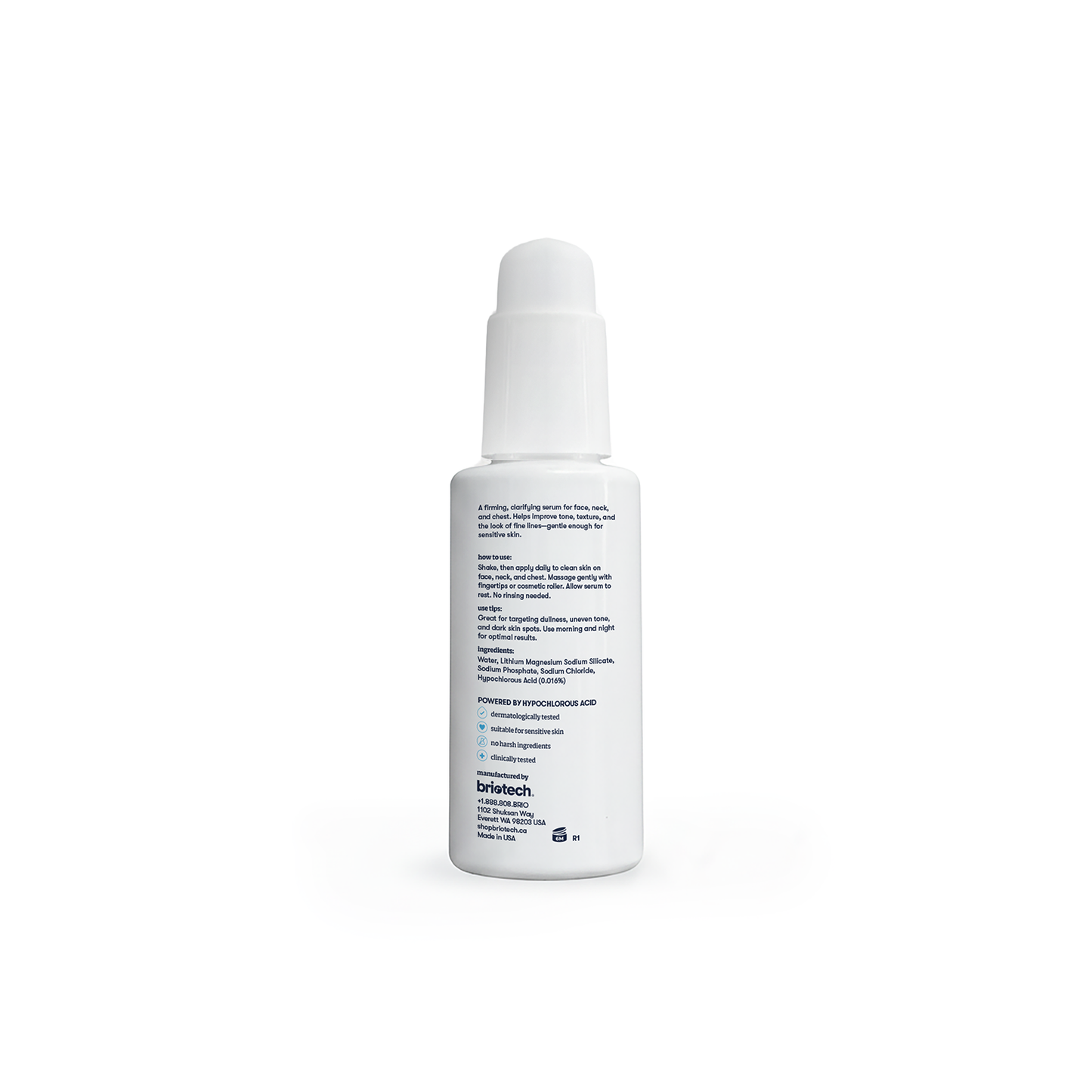 A white bottle of Renew Serum with a pump dispenser is shown from the back against a plain white background. The small text on the label is not fully legible, but the product may be a firming serum suitable for sensitive skin.