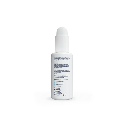 A white bottle of Renew Serum with a pump dispenser is shown from the back against a plain white background. The small text on the label is not fully legible, but the product may be a firming serum suitable for sensitive skin.