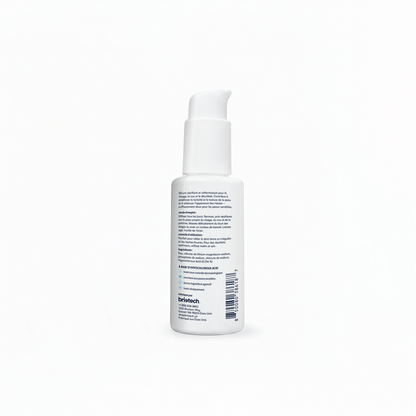 A white plastic pump bottle labeled "Renew Serum" is photographed against a plain white background. The back label contains text, suggesting this clarifying skincare product targets fine lines.