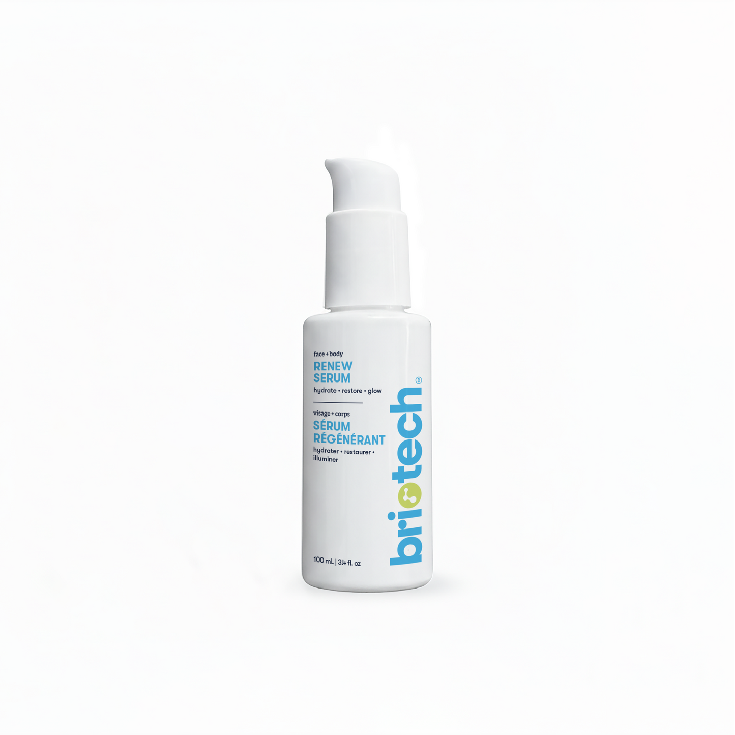 A white pump bottle of Renew Serum stands on a white background. The label, with blue and green text, highlights clarifying benefits to brighten, restore, and give a healthy glow—ideal for sensitive skin.