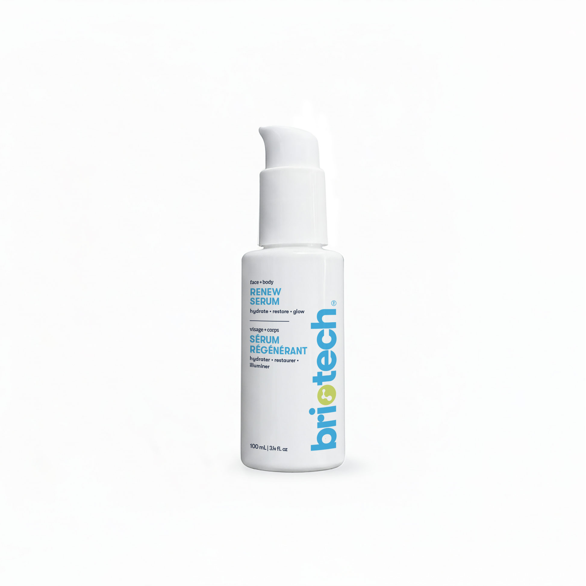 A white pump bottle of Renew Serum stands on a white background. The label, with blue and green text, highlights clarifying benefits to brighten, restore, and give a healthy glow—ideal for sensitive skin.