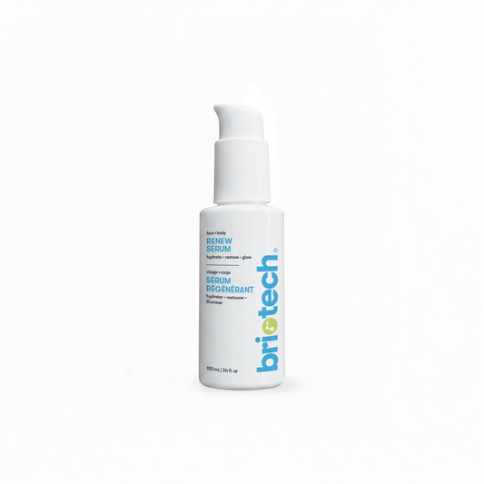 A white pump bottle of Renew Serum stands on a white background. The label, with blue and green text, highlights clarifying benefits to brighten, restore, and give a healthy glow—ideal for sensitive skin.