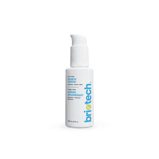 A white pump bottle labeled Renew Serum with blue and green text stands upright on a white background. This 100 mL (3.4 fl. oz.) firming serum is suitable for face and body, and ideal for sensitive skin.