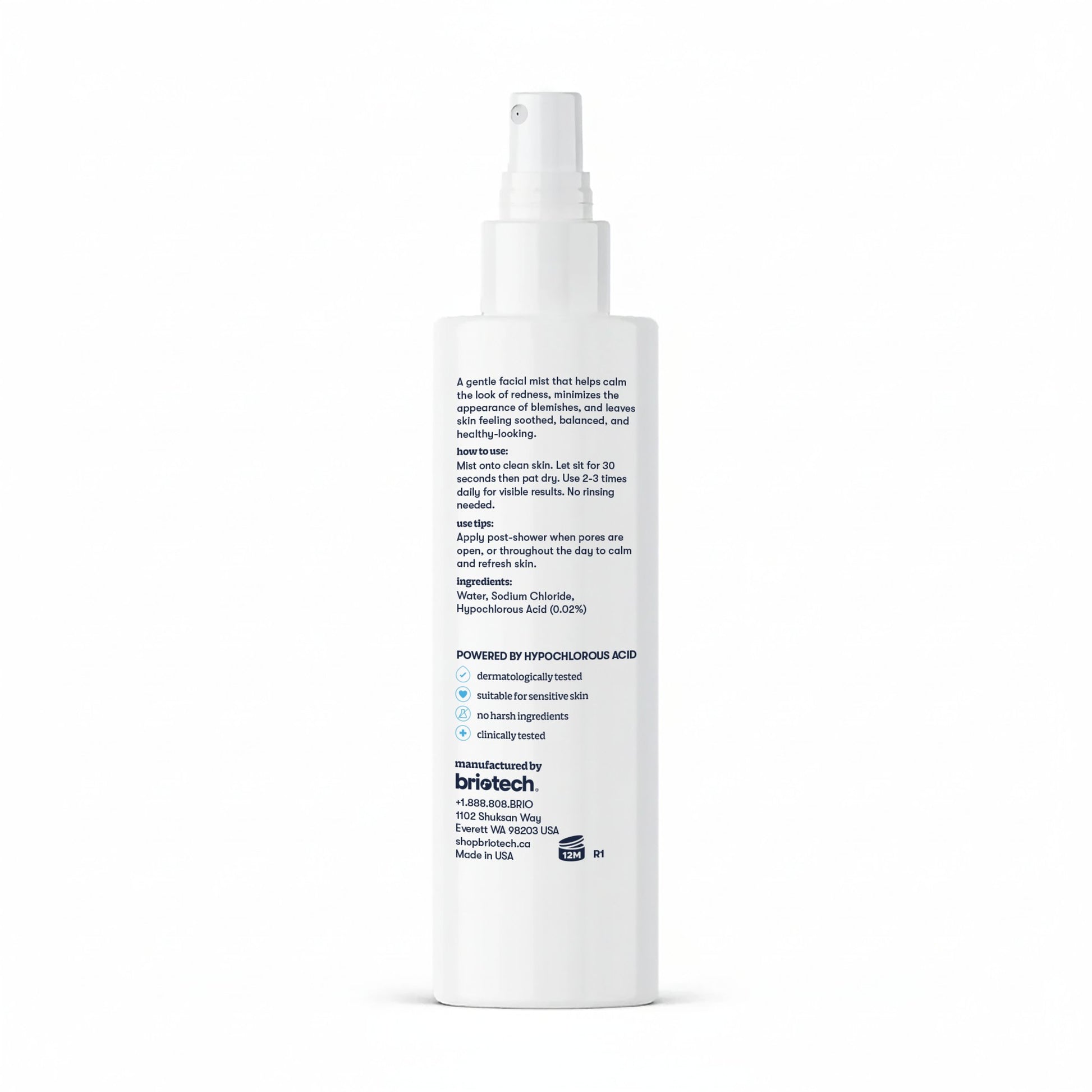 A white spray bottle labeled in blue text with directions, ingredients, and product info, featuring BrioTech’s logo and hypochlorous acid. Renew Toner facial mist calms redness for healthy-looking skin. Shown on a white background.