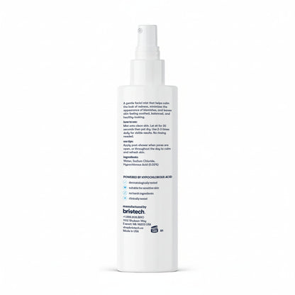 A white spray bottle labeled in blue text with directions, ingredients, and product info, featuring BrioTech’s logo and hypochlorous acid. Renew Toner facial mist calms redness for healthy-looking skin. Shown on a white background.