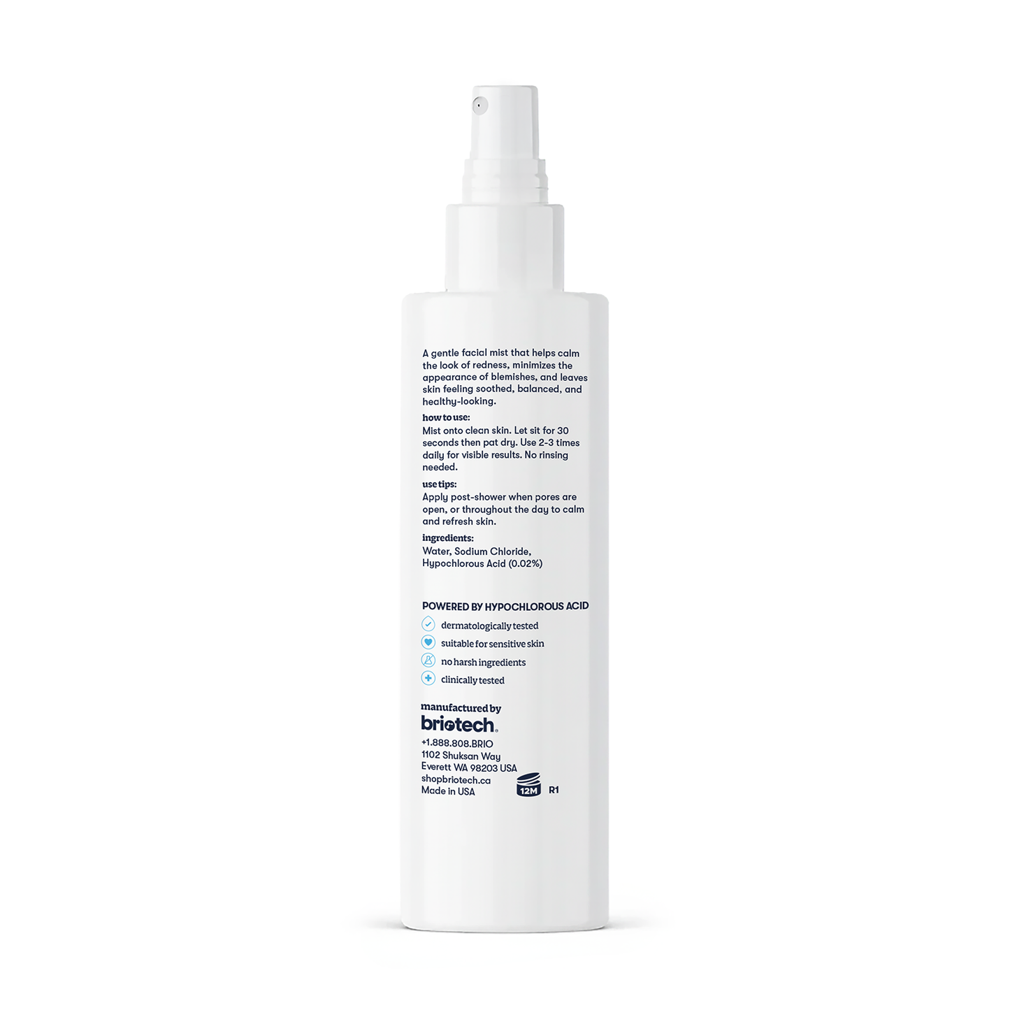 The Renew Toner comes in a white spray bottle with blue and black text on the back showing usage, ingredients, and manufacturer info. Made in the USA with hypochlorous acid, it calms redness for healthy-looking skin.
