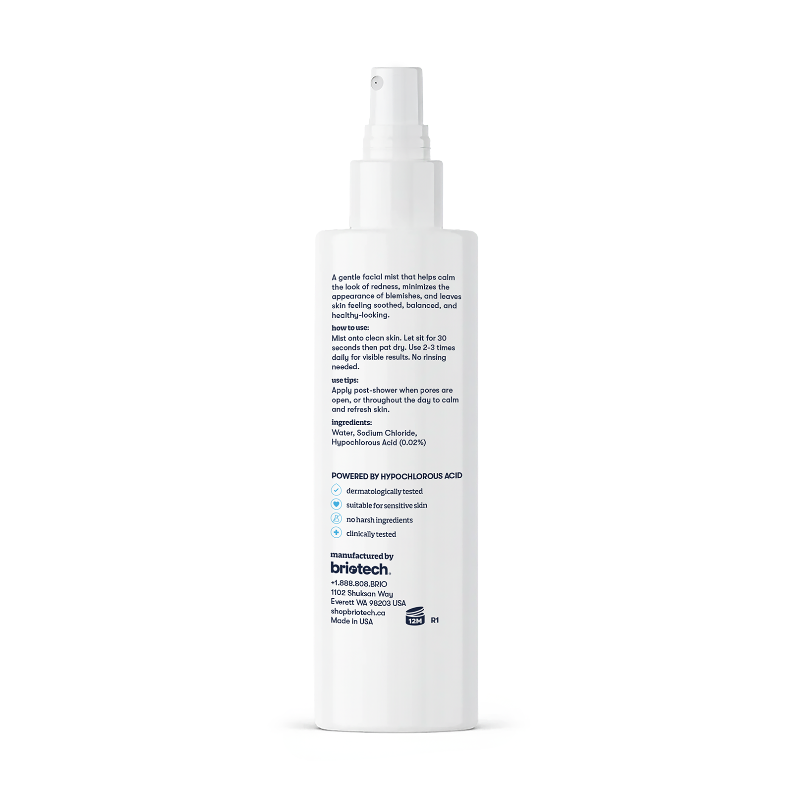 The Renew Toner comes in a white spray bottle with blue and black text on the back showing usage, ingredients, and manufacturer info. Made in the USA with hypochlorous acid, it calms redness for healthy-looking skin.