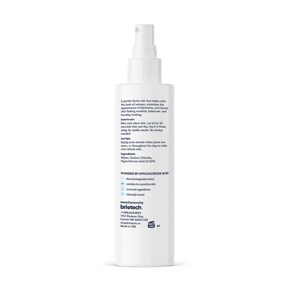 The Renew Toner comes in a white spray bottle with blue and black text on the back showing usage, ingredients, and manufacturer info. Made in the USA with hypochlorous acid, it calms redness for healthy-looking skin.