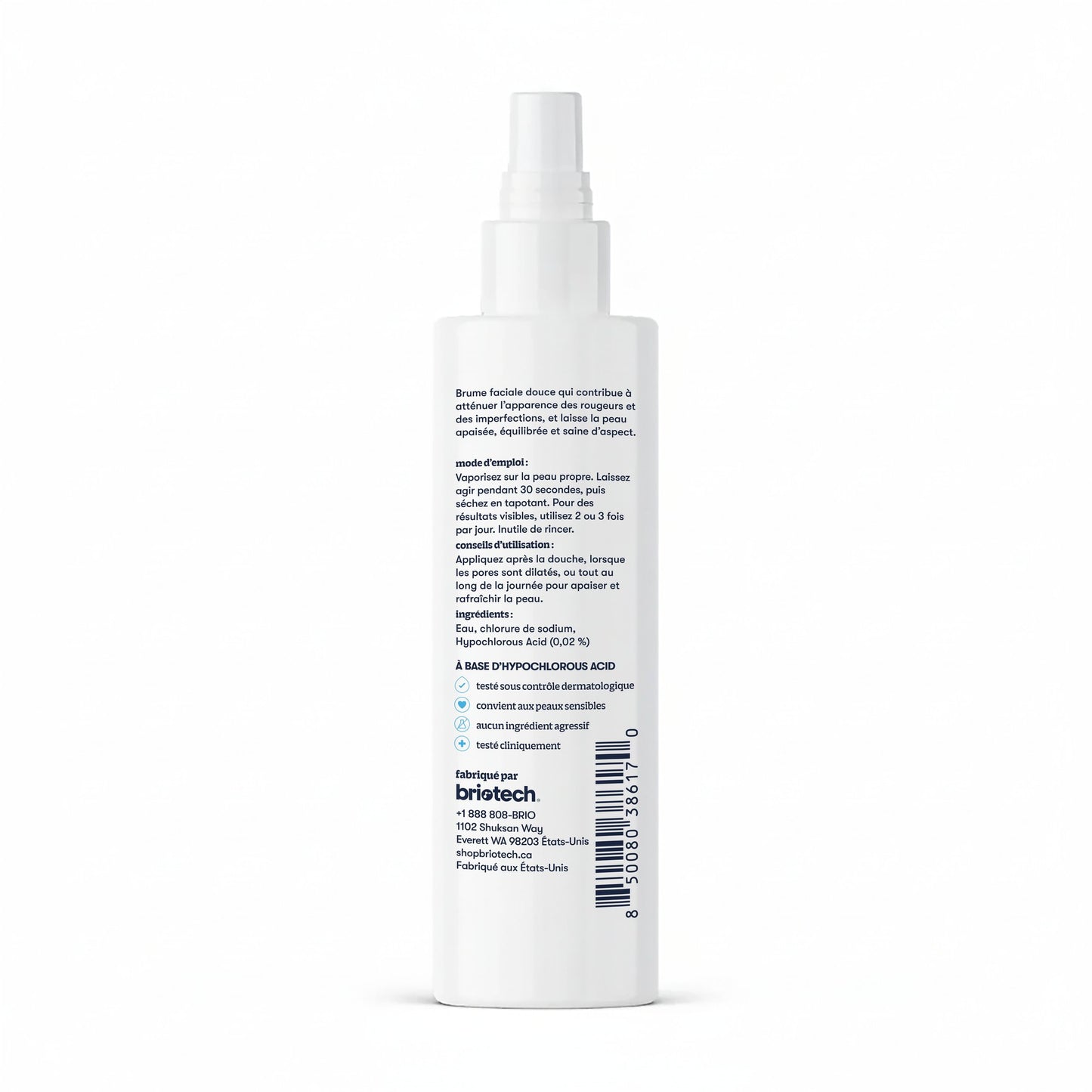 The Renew Toner is a white facial mist spray bottle with French and English labels listing instructions and ingredients. Its pump nozzle calms redness for healthy-looking skin, and the bottle stands upright on a white background.
