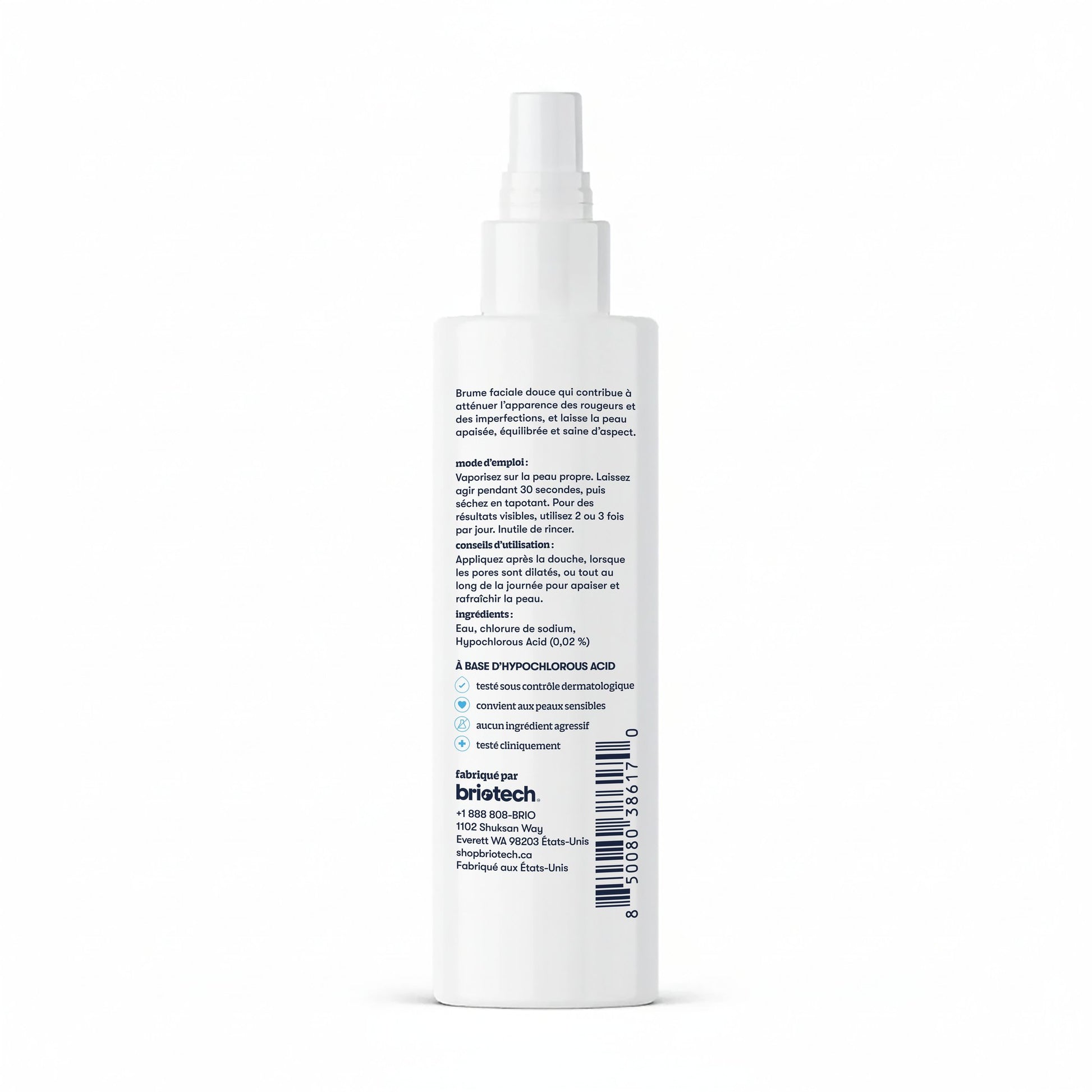 The Renew Toner is a white facial mist spray bottle with French and English labels listing instructions and ingredients. Its pump nozzle calms redness for healthy-looking skin, and the bottle stands upright on a white background.