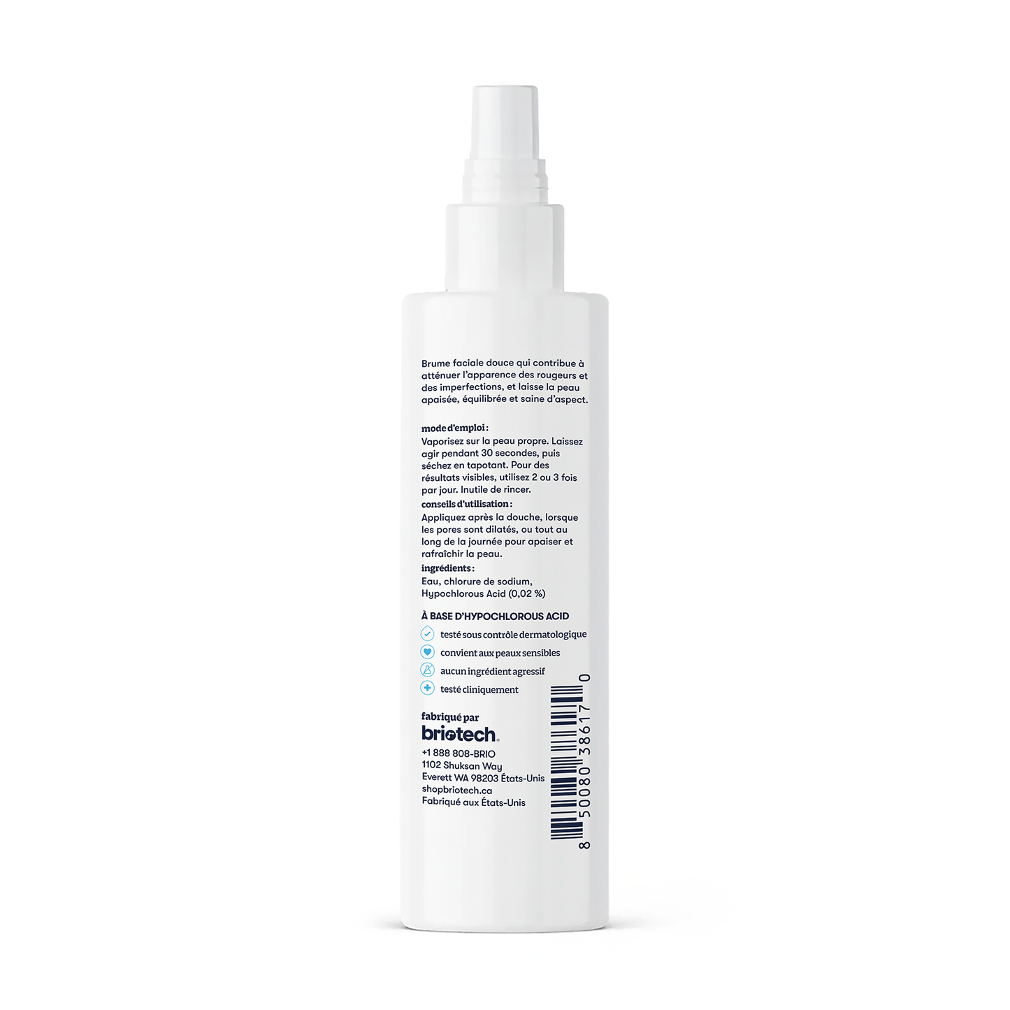 A white spray bottle of Renew Toner with French instructions in black on the back label stands upright against a white background. The Bristech logo appears at the bottom—formulated to calm redness and promote healthy-looking skin.