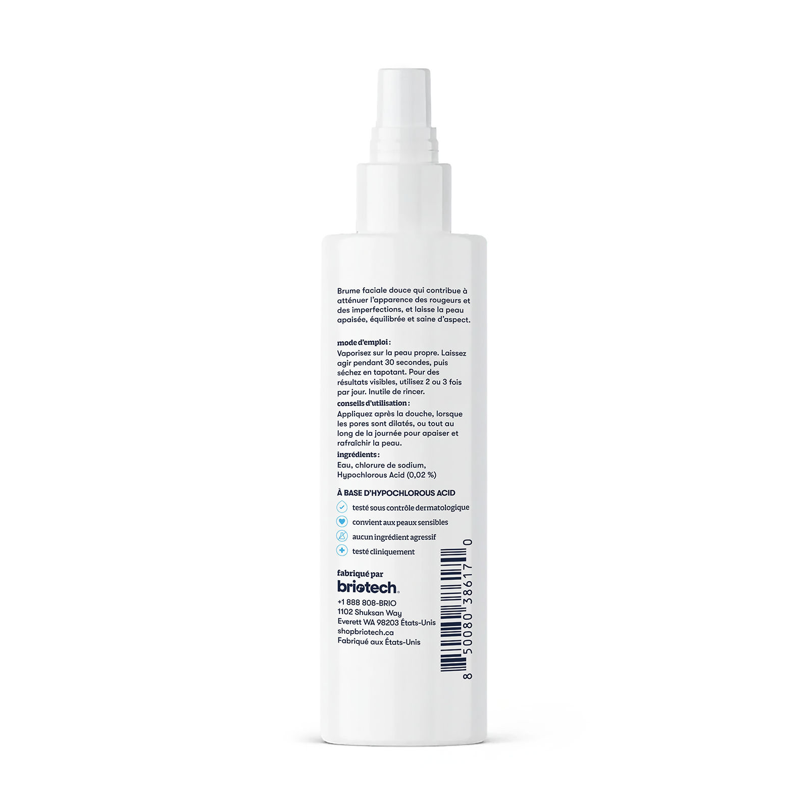 A white spray bottle of Renew Toner with French instructions in black on the back label stands upright against a white background. The Bristech logo appears at the bottom—formulated to calm redness and promote healthy-looking skin.