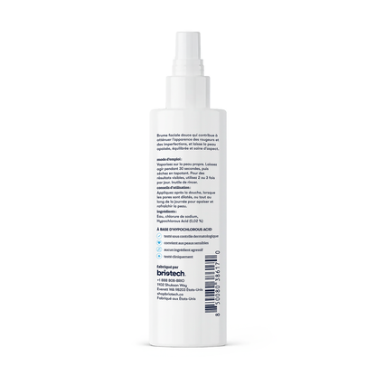 A white spray bottle of Renew Toner with French instructions in black on the back label stands upright against a white background. The Bristech logo appears at the bottom—formulated to calm redness and promote healthy-looking skin.