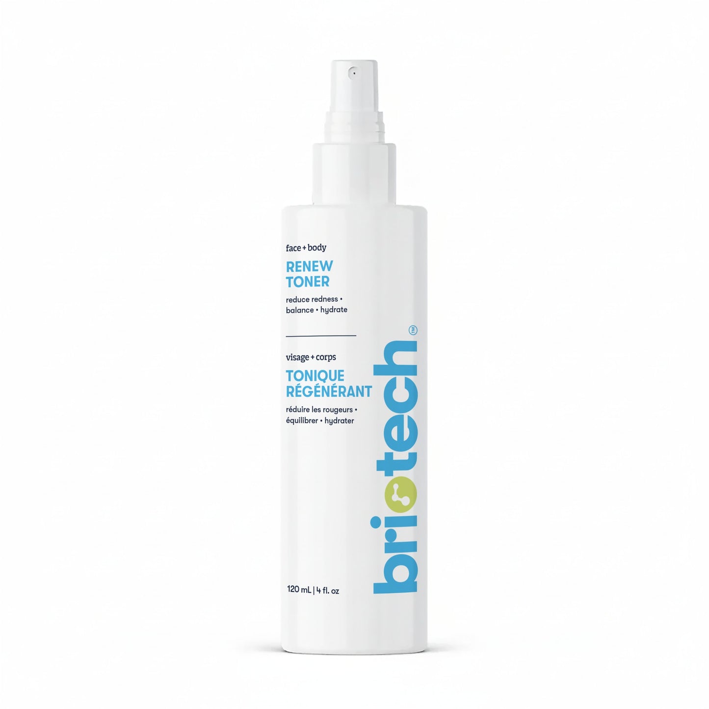 A white bottle of Renew Toner with a spray nozzle, blue and green text, and English-French labeling stands upright on a plain white background, offering a soothing facial mist to calm redness for healthy-looking skin.