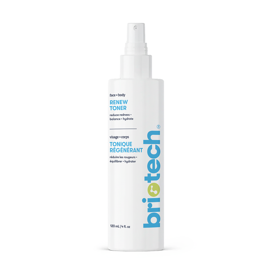The white spray bottle labeled biotech contains Renew Toner facial mist for face and body, designed to calm redness, balance, and hydrate skin. Each bottle holds 150 mL (5 fl oz) of product.
