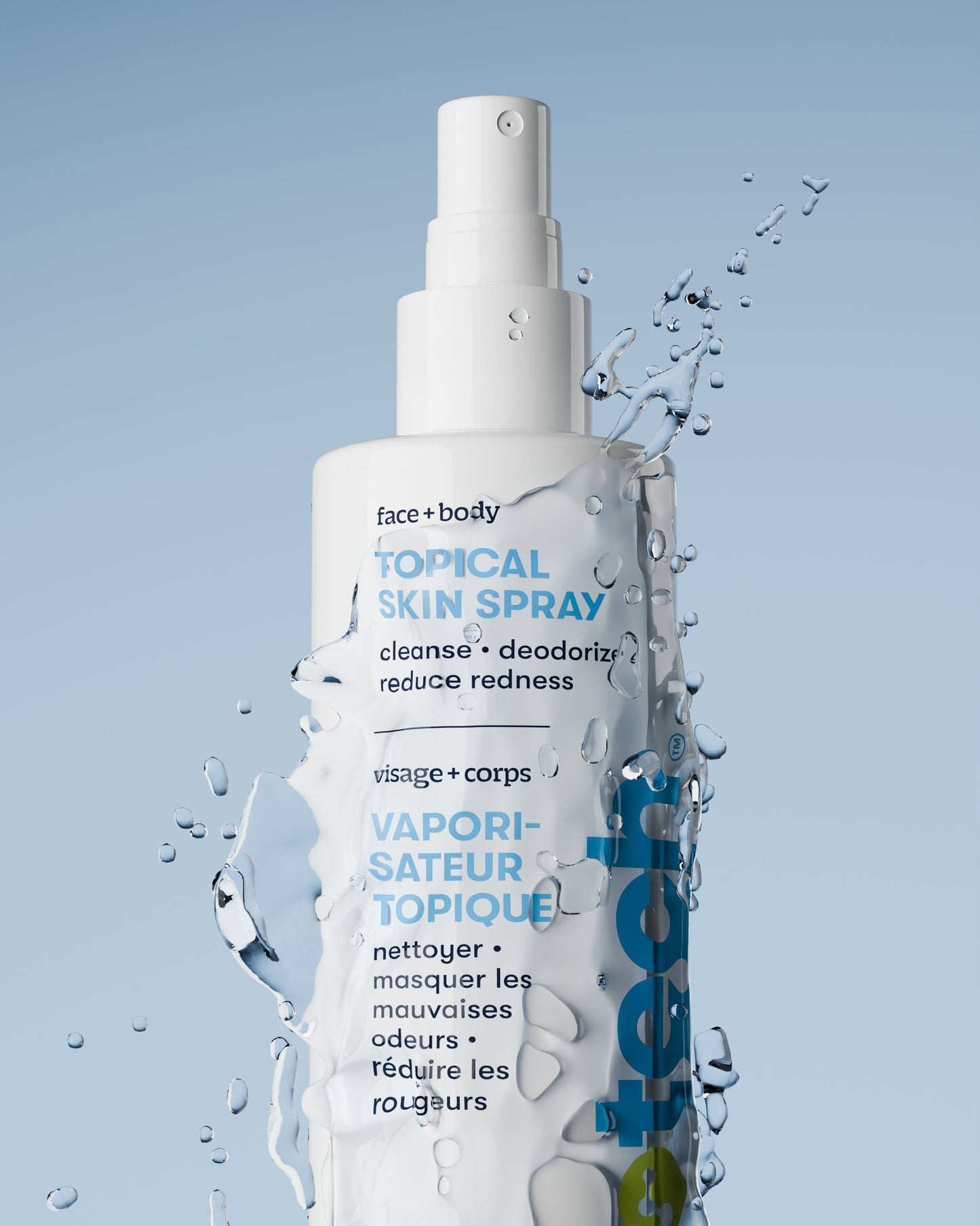 A white "Topical Skin Spray" bottle with English and French text, shown with water splashes on a light blue background, highlights its soothing and refreshing effects for your skin.