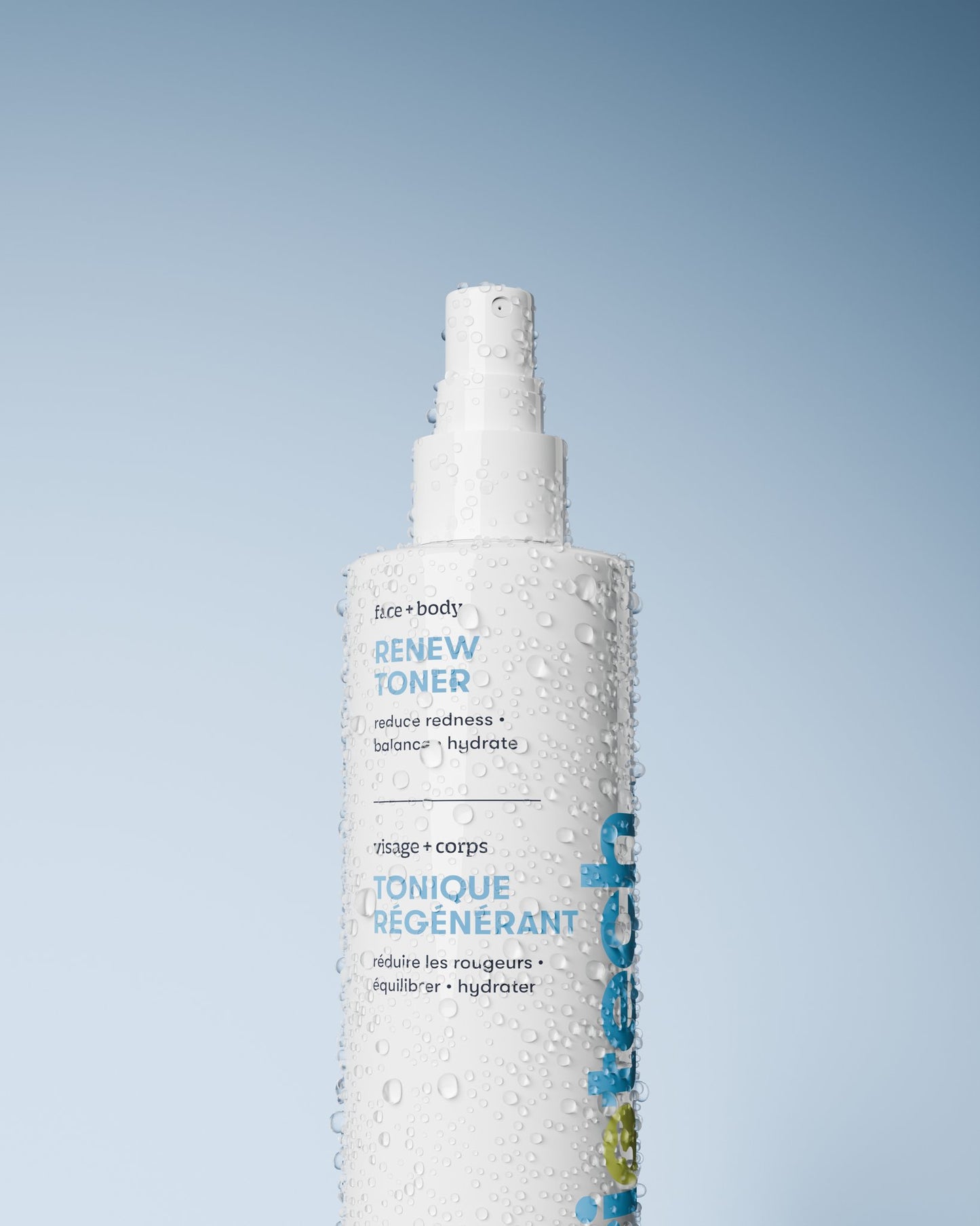 A white bottle of Renew Toner stands upright with water droplets against a pale blue background. The label, in English and French, highlights its ability to calm redness and promote healthy-looking skin.