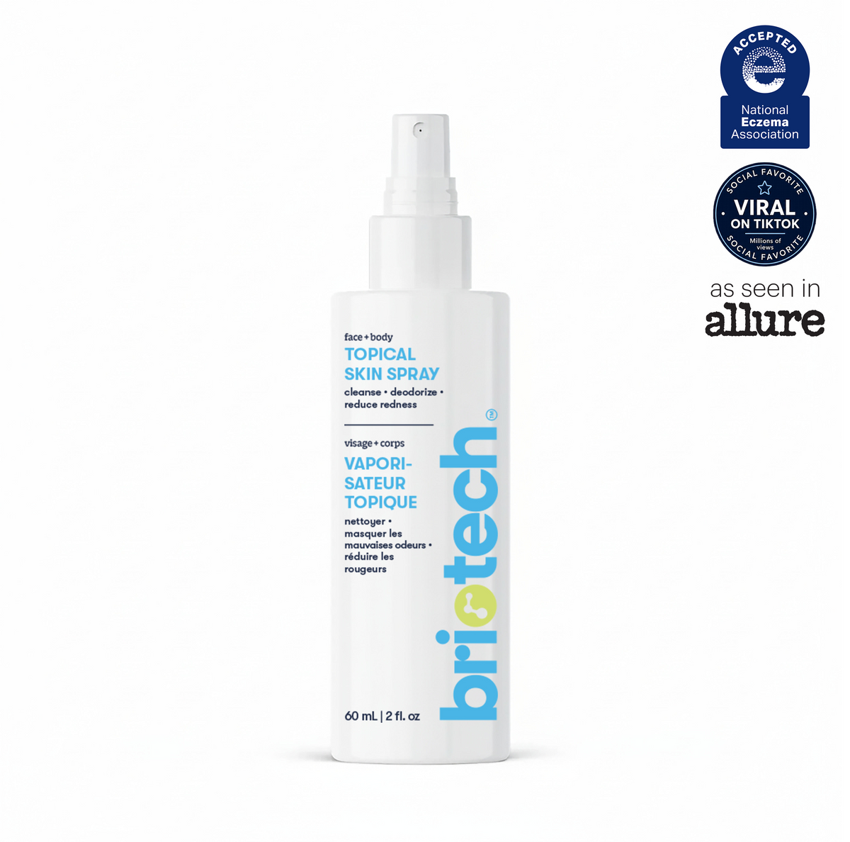 A white spray bottle of Topical Skin Spray featuring blue and yellow text, formulated to soothe irritation and visibly reduce blemishes. At the top right, three badges highlight its recognition: National Eczema Association, TikTok viral favorite, and as seen in Allure.