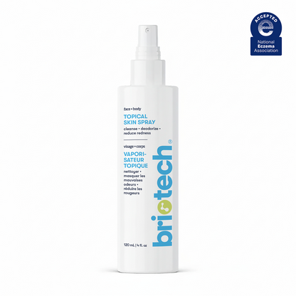 A white 120 ml Topical Skin Spray bottle for face and body, featuring English and French text. The National Eczema Association seal is in the top right corner. Soothes skin irritation.