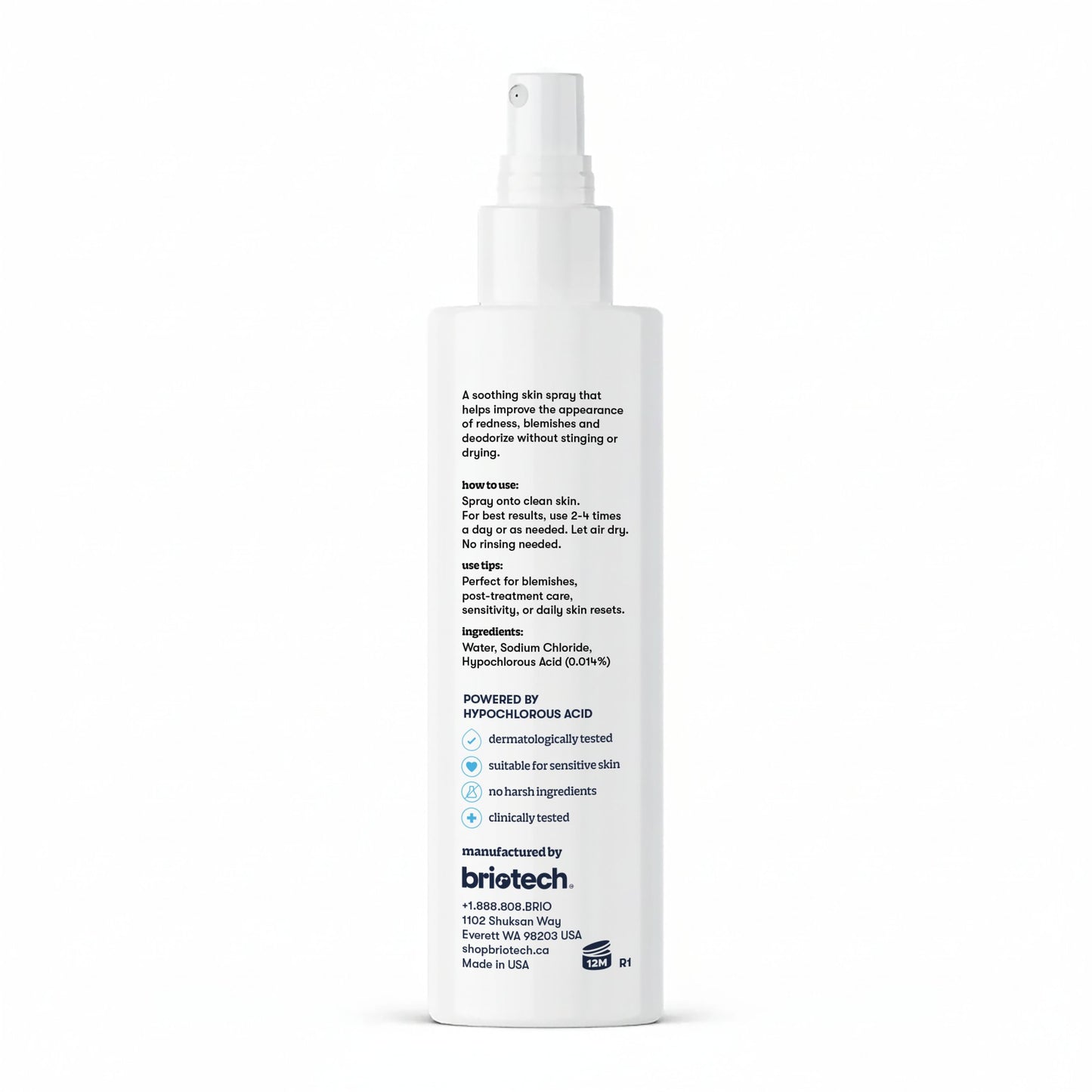 A white spray bottle of Topical Skin Spray, displaying the back label with product information, directions, ingredients, and company contact details in black and blue text. This spray calms irritation and reduces blemishes.