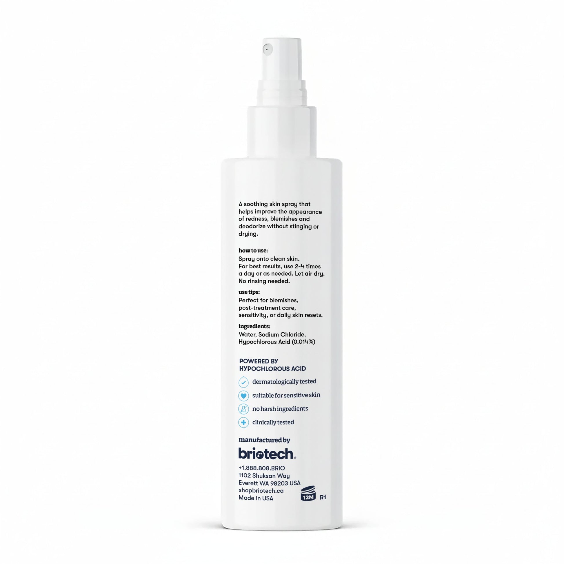A white spray bottle of Topical Skin Spray, displaying the back label with product information, directions, ingredients, and company contact details in black and blue text. This spray calms irritation and reduces blemishes.