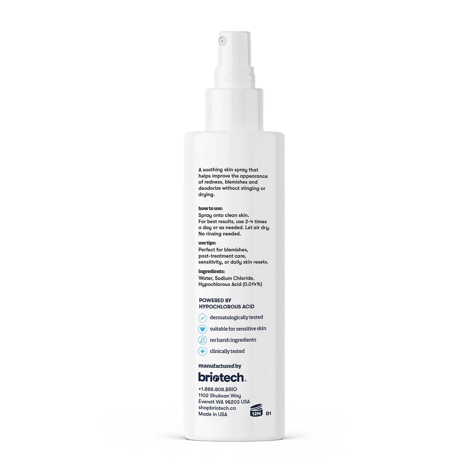 A white spray bottle of Topical Skin Spray features text about its non-stinging formula that calms irritation and reduces blemishes on dry or irritated skin, lists ingredients and benefits, and shows the Briotech logo at the bottom.